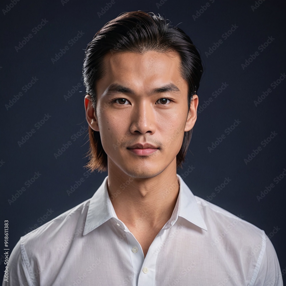Fototapeta premium Confident Asian Man with Long Hair Tied Back on Navy Blue Background