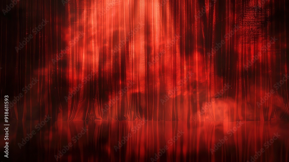 An red curtain with some smoke behind it and a dark reflective floor. An red curtain with some smoke behind it and a dark reflective floor.