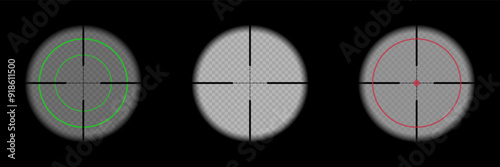 Weapon night sights, sniper rifle optical scopes. Hunting gun viewfinder with crosshair. Aim, shooting mark symbol. Military target sign. Game UI element. Vector illustration