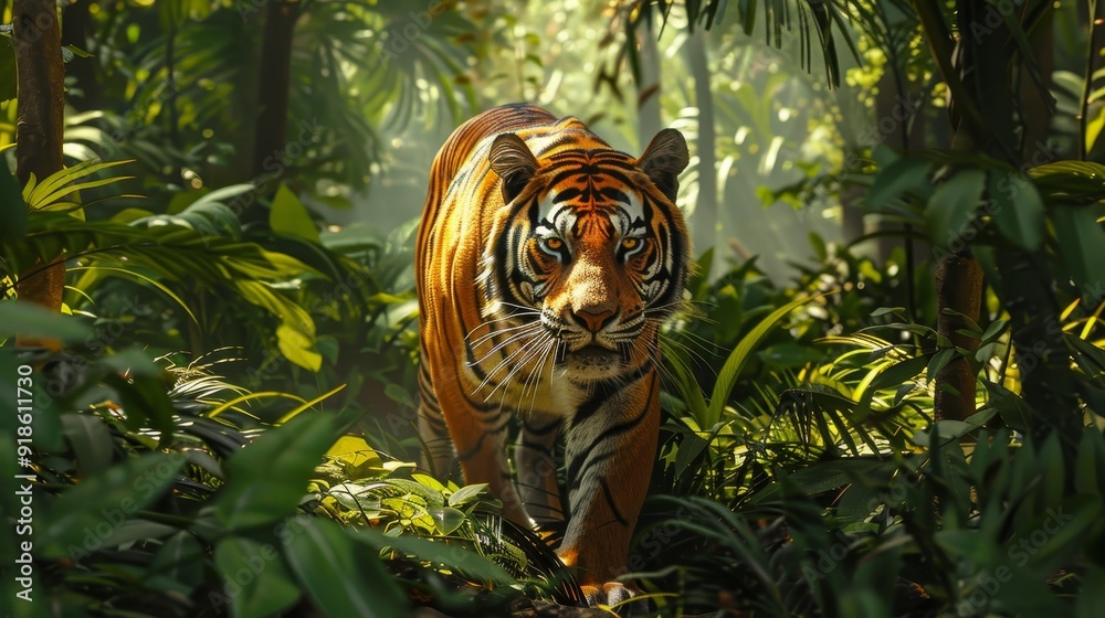 Obraz premium Wild Tiger Roaming Jungle Powerful and Graceful Predator in Lush Greenery Striking Orange and Black Stripes Dappled Sunlight Stealthy Presence Majestic Wildlife Photography