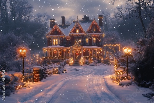 A charming Victorian house adorned with twinkling Christmas lights and snow.