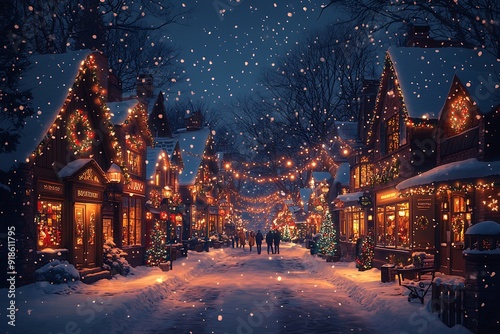 A festive Christmas town street at night, alive with lights and shoppers.