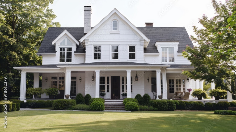 Modern Suburban Dream Home Stylish White House with Gabled Roof Front Porch and Lush Landscaping Ideal for Peaceful Living Modern Suburban Dream Home Stylish White House with Gabled Roof Front Porch and Lush Landscaping Ideal for Peaceful Living