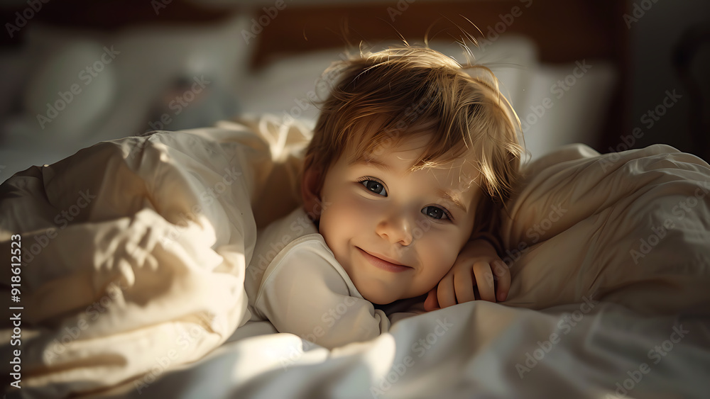 Smiling Child in Bed with Sunlight Streaming In Smiling Child in Bed with Sunlight Streaming In