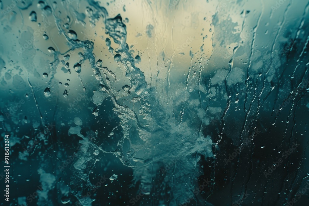 window with rain drops on it and street light in the background, Rain drops racing down window pane on stormy day