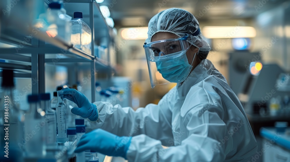 Scientist working in a laboratory during the day, handling samples while wearing protective gear in a clean environment Scientist working in a laboratory during the day, handling samples while wearing protective gear in a clean environment