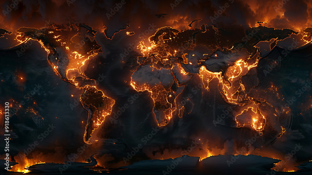 Abstract Map of the World in Dark Grunge Flame-Like Design with Intense Texture Abstract Map of the World in Dark Grunge Flame-Like Design with Intense Texture