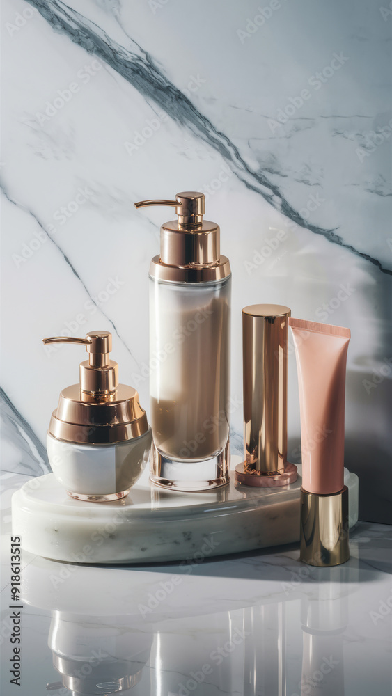 A marble counter top with a variety of cosmetic products on it, AI A marble counter top with a variety of cosmetic products on it, AI