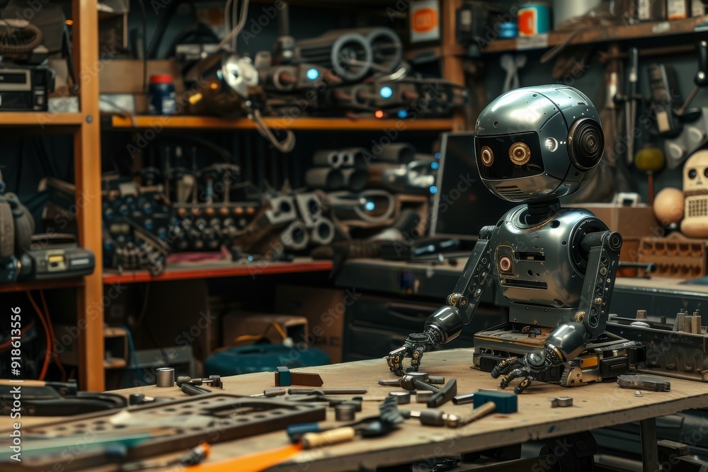 workbench with lot of tools on it, Robotics parts and tools on workbench