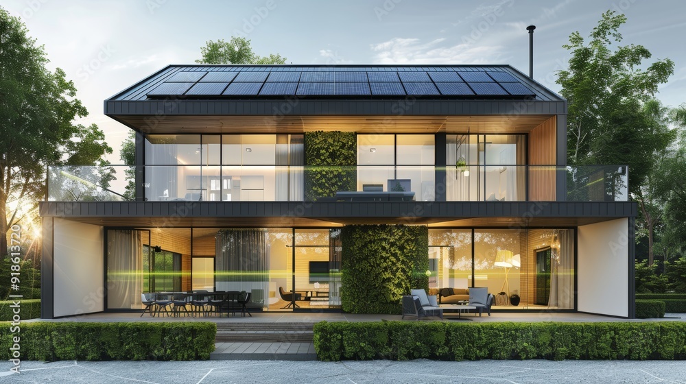 Fototapeta premium TechSavvy Eco Home Solar Panels Holographic Metrics Modern Architecture Sustainability Concept.