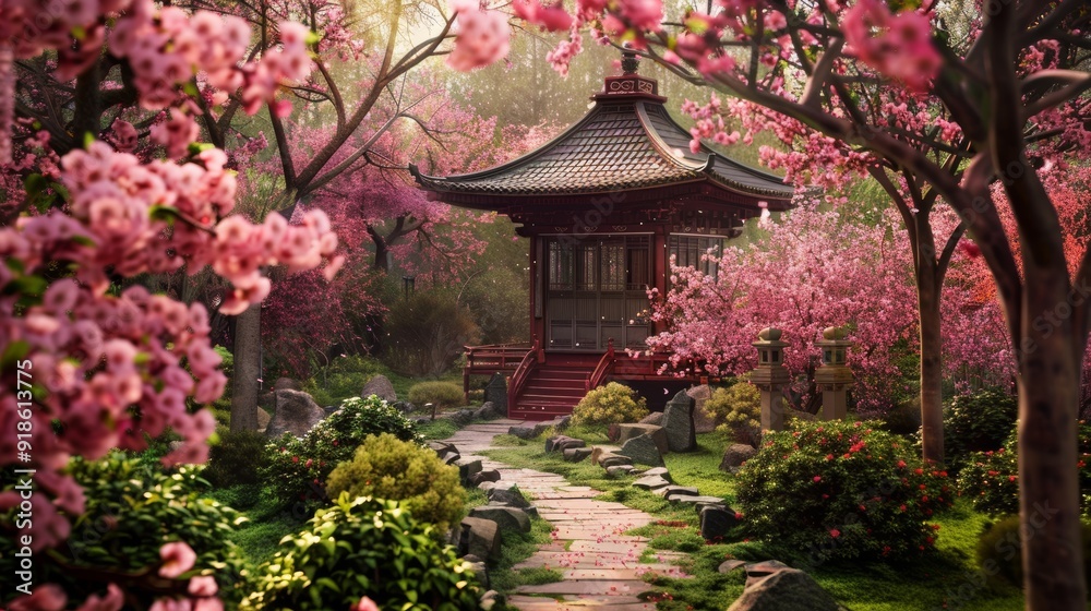 Blooming Tranquility Japanese Garden Oasis with Cherry Blossoms in Spring Blooming Tranquility Japanese Garden Oasis with Cherry Blossoms in Spring