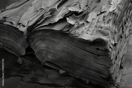 black and white photo of book, Rugged and torn pages of an age-old book, radiating the beauty of knowledge that lasts long photo