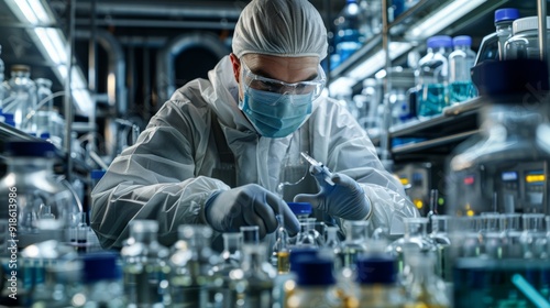 Scientist conducting research in a laboratory filled with glass vials and scientific equipment during a busy workday