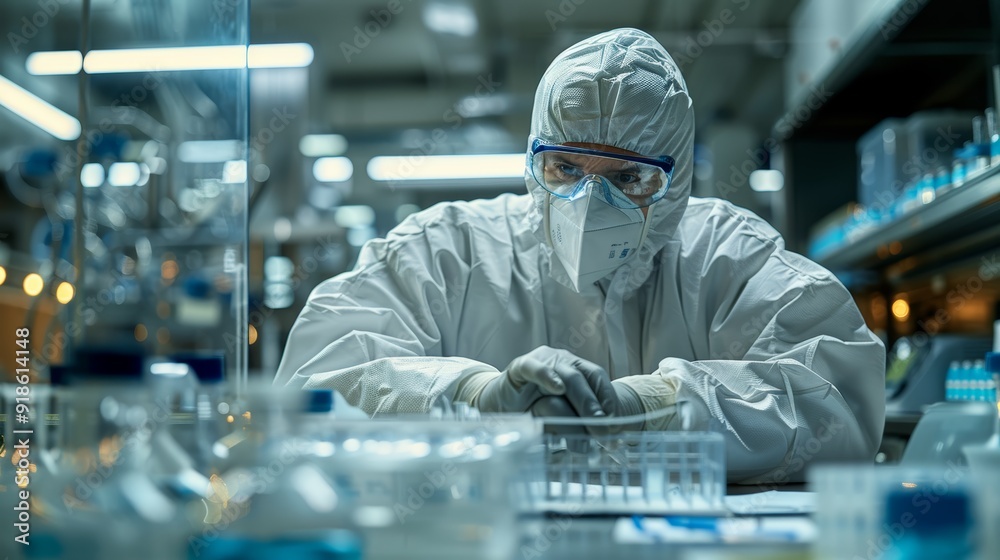 Scientist in protective gear analyzing samples in a laboratory at night Scientist in protective gear analyzing samples in a laboratory at night