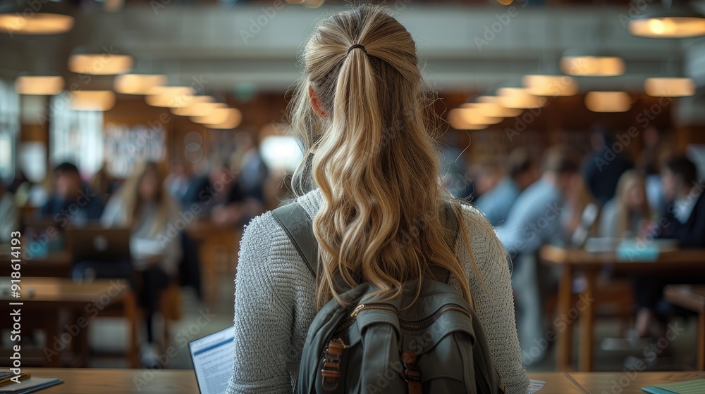 A young woman with long blonde hair and wearing an elegant sweater is studying at a table surrounded by other students A young woman with long blonde hair and wearing an elegant sweater is studying at a table surrounded by other students