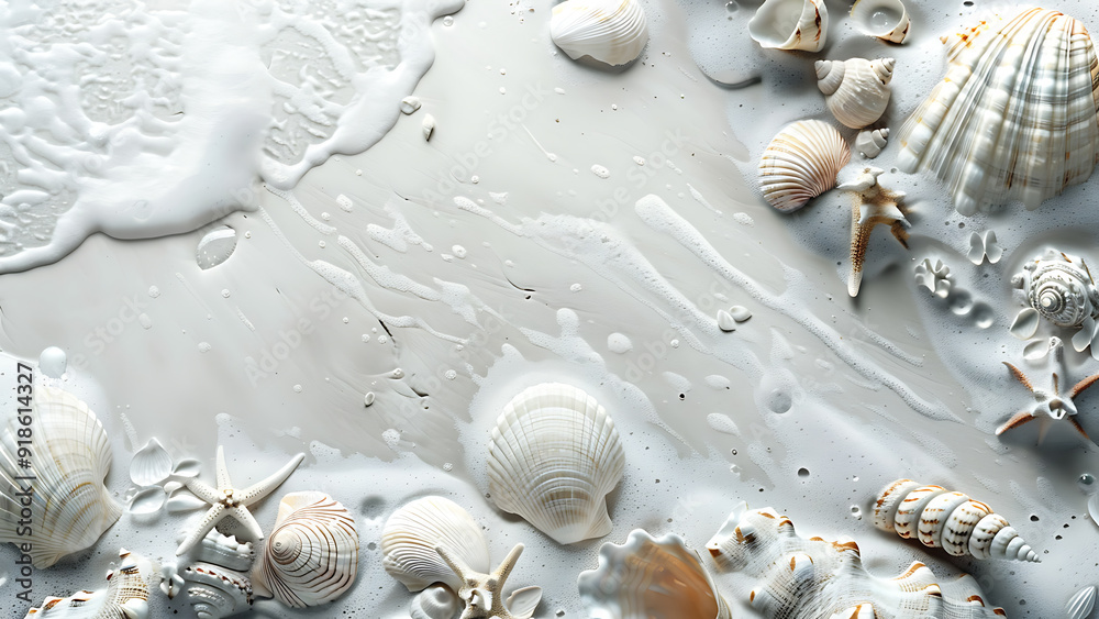 Fototapeta premium Seashells and Starfish on Sandy Beach Close-Up View