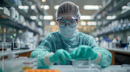 Scientist conducting experiments in a modern laboratory wearing protective gear and focusing on sample analysis