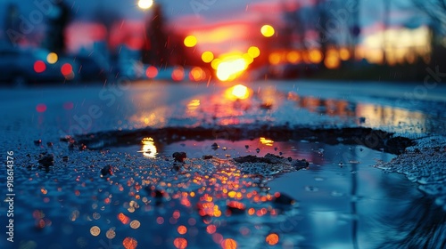 Rainy street with puddle reflections - generative ai photo