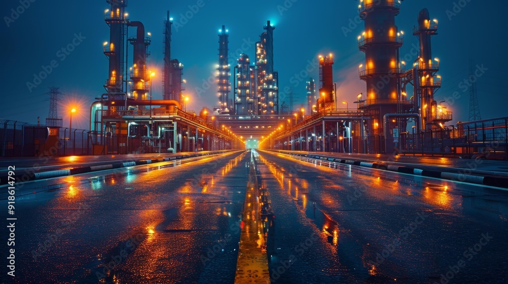 Industrial nightscape with reflections - generative ai Industrial nightscape with reflections - generative ai