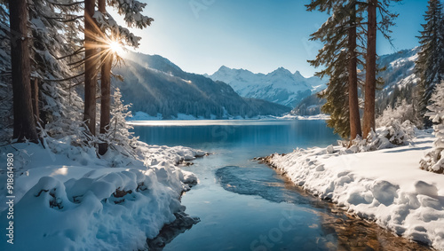 Beautiful winter landscape, lake season, background