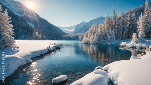 Fototapeta Naklejka Na Ścianę i Meble -  Beautiful winter landscape, lake