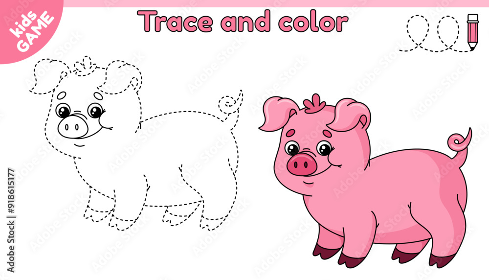 Kids educational game Tracing lines with cartoon big pig. Cute farm hog. Trace and color it. Handwriting practice worksheet for preschool and kindergarten children. Vector illustration of farm animal. Kids educational game Tracing lines with cartoon big pig. Cute farm hog. Trace and color it. Handwriting practice worksheet for preschool and kindergarten children. Vector illustration of farm animal.