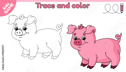 Kids educational game Tracing lines with cartoon big pig. Cute farm hog. Trace and color it. Handwriting practice worksheet for preschool and kindergarten children. Vector illustration of farm animal.