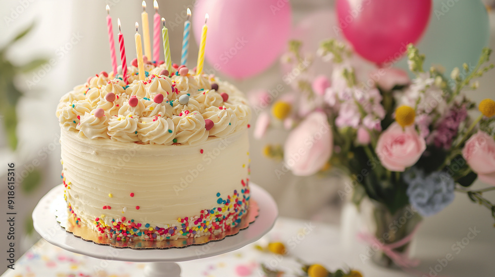 Happy Birthday illustration a beautifully decorated cake as the centerpiece, surrounded by floating balloons, colorful confetti, and blooming flowers. For festive celebrations and greeting cards.
Happy Birthday illustration a beautifully decorated cake as the centerpiece, surrounded by floating balloons, colorful confetti, and blooming flowers. For festive celebrations and greeting cards.