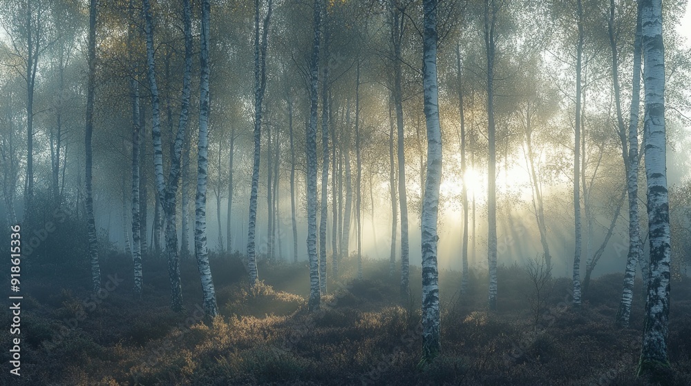 Naklejka premium Misty Forest Dawn: Breathtaking Nature Landscape Photography