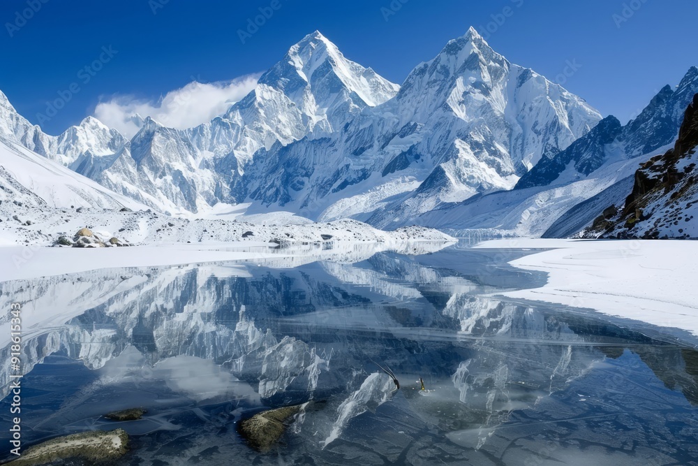mountain range reflected in lake, Snow-capped mountains reflecting in still, icy lake mountain range reflected in lake, Snow-capped mountains reflecting in still, icy lake