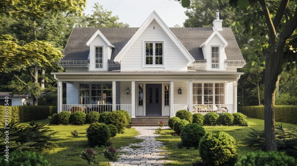 Naklejka premium Charming White House with Gable Roof and Front Porch Cozy Suburban Living in Architectural Rendering