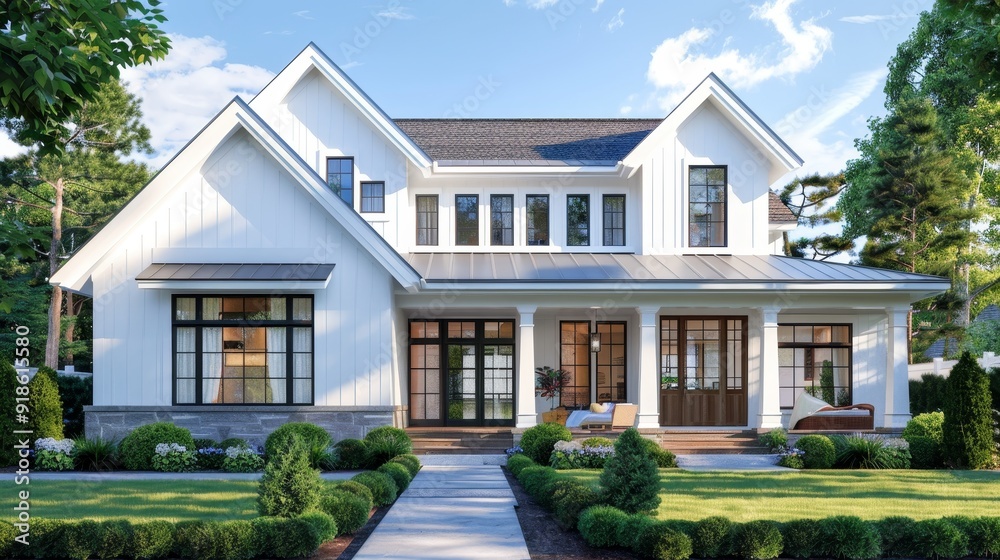 Charming White House with Gable Roof and Front Porch Cozy Suburban Living in Architectural Rendering Charming White House with Gable Roof and Front Porch Cozy Suburban Living in Architectural Rendering