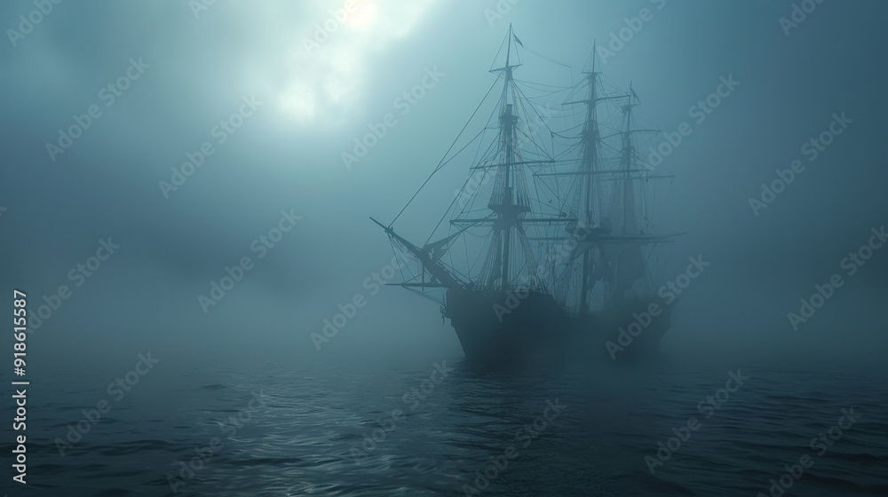 An eerie, old sailing ship drifts silently through thick fog on a misty, ominous ocean, evoking mystery and fear. An eerie, old sailing ship drifts silently through thick fog on a misty, ominous ocean, evoking mystery and fear.