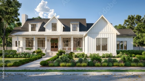 Modern Elegance Luxury White House with Gable Roof and Inviting Front Porch Ideal Home Design Concept with Lush Green Landscaping Stock Image for Real Estate Architecture and Home Decor Themes