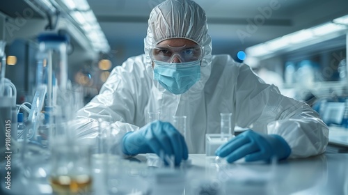 Researcher conducts experiments in a scientific lab during the evening