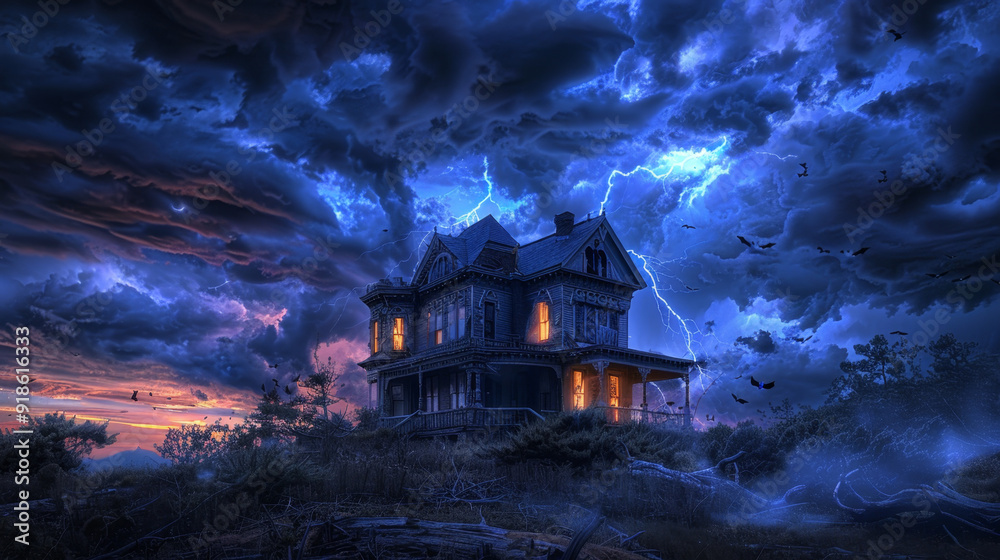 A spooky, abandoned Victorian house sits ominously under a stormy sky filled with lightning and swirling bats, creating an eerie atmosphere. A spooky, abandoned Victorian house sits ominously under a stormy sky filled with lightning and swirling bats, creating an eerie atmosphere.