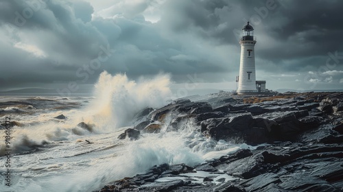 Strong and Solitary Majestic Lighthouse on Stormy Coastline photo