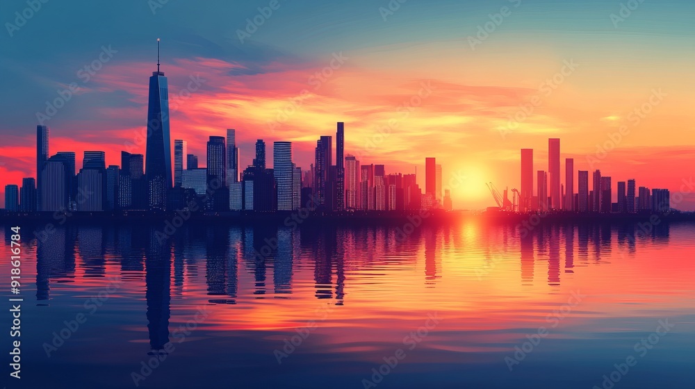 Stunning Sunset Skyline: Urban Landscape Graphic Illustration Stunning Sunset Skyline: Urban Landscape Graphic Illustration