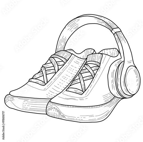 Sneakers with headphones vector. Sneakers shoes. Sneakers line art style drawing. 