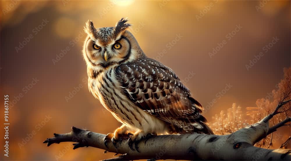 An owl perched on a branch, surrounded by autumn leaves with warm bokeh highlights.