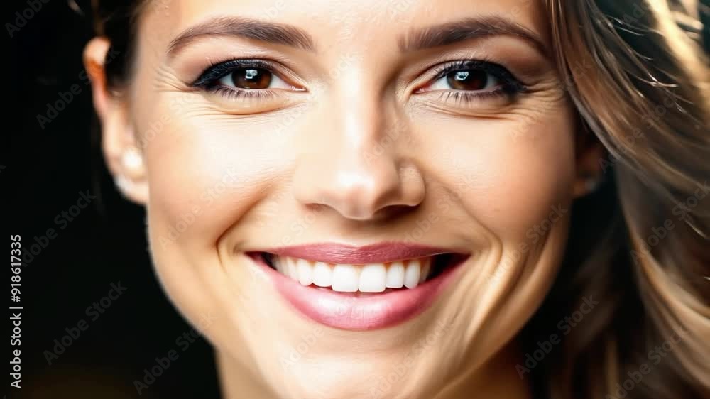 Smiling woman with radiant complexion poses against a dark background in studio lighting Smiling woman with radiant complexion poses against a dark background in studio lighting