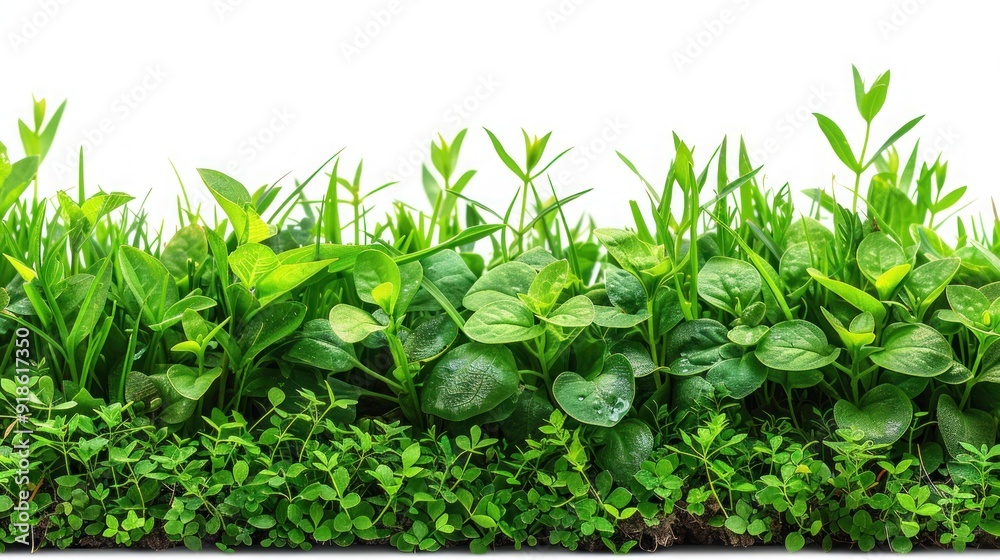 Border of green grass and plants on white background