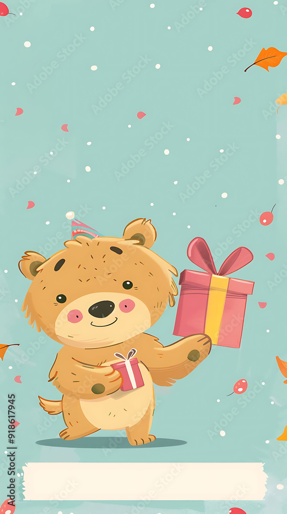 Naklejka premium Cute birthday card with a cartoon animal holding a present a blank space at the bottom for a message