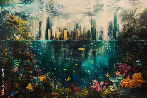 Underwater cityscape melded with tropical rainforest elements photo