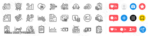 Card, Growth chart and Checklist line icons pack. Social media icons. Money, Renew card, Cash back web icon. Euler diagram, Loyalty award, Bitcoin project pictogram. Vector