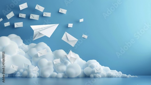 Skyward Soar Paper Airplane Breaking Through Cloud of Envelopes Digital Communication Concept