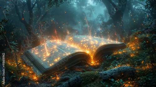 Enchanted book in mystical forest - generative ai