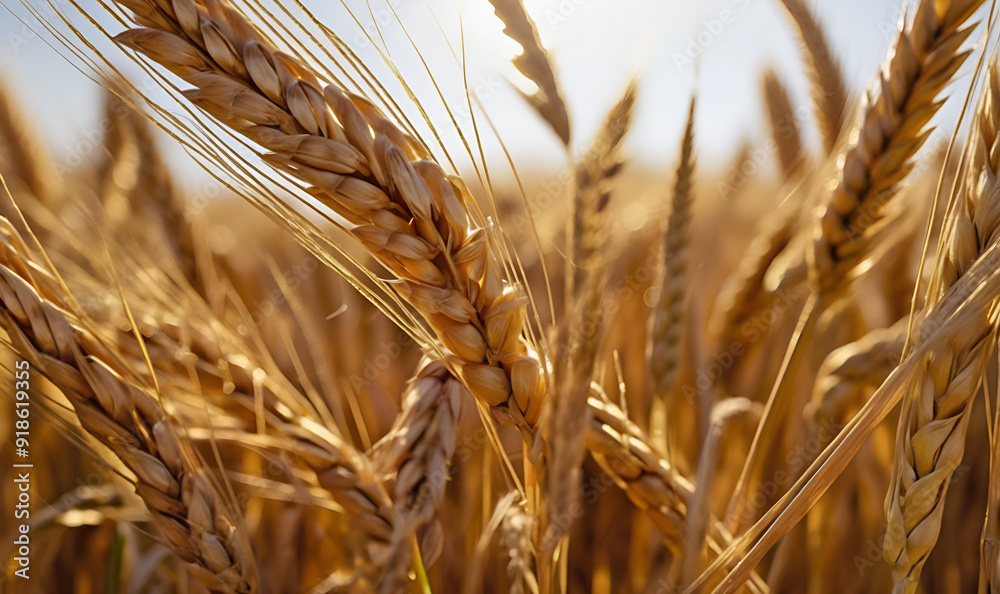 Close-up of golden wheat stalks swaying in warm, soft light, blurred background Close-up of golden wheat stalks swaying in warm, soft light, blurred background