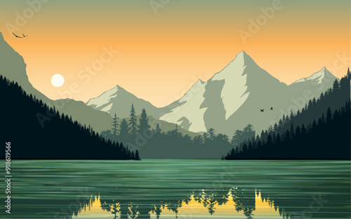Sunset sunrise wetlands landscape vector illustration mountains sky birds trees jungle woods lake water reflection nature scene green pine theme background wallpaper