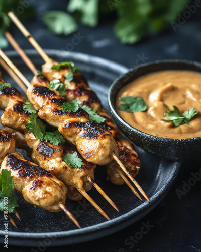 A detailed close-up of a plate of savory chicken satay skewers with peanut sauce. photo